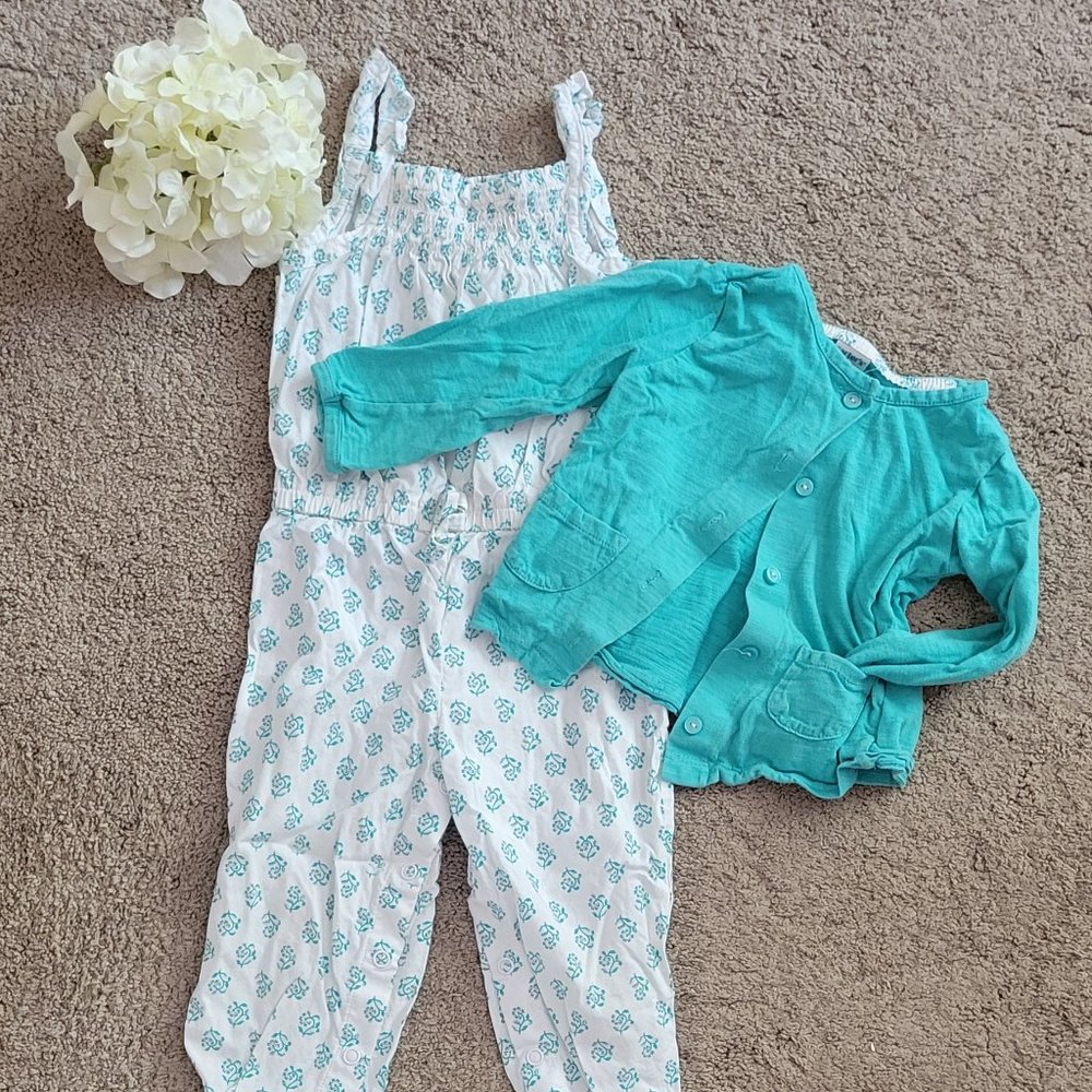 Carters Green/white 2-piece cardigan romper set